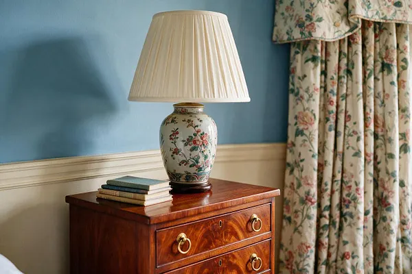 A traditional bedroom vignette features a polished wooden nightstand with brass ring pulls, topped by a floral ceramic lamp with a pleated cream shade and a small stack of books. Blue walls, white wainscoting, and floral drapery create a soft, classic atmosphere.