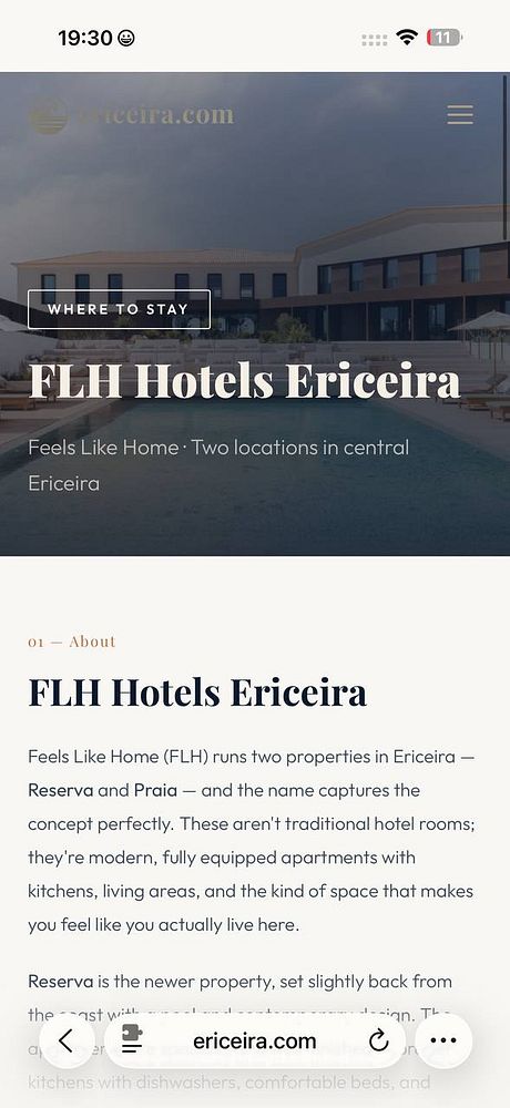 Screenshot of a webpage showing several sponsored listings of accommodations in Ericeira, Portugal, with details and prices.