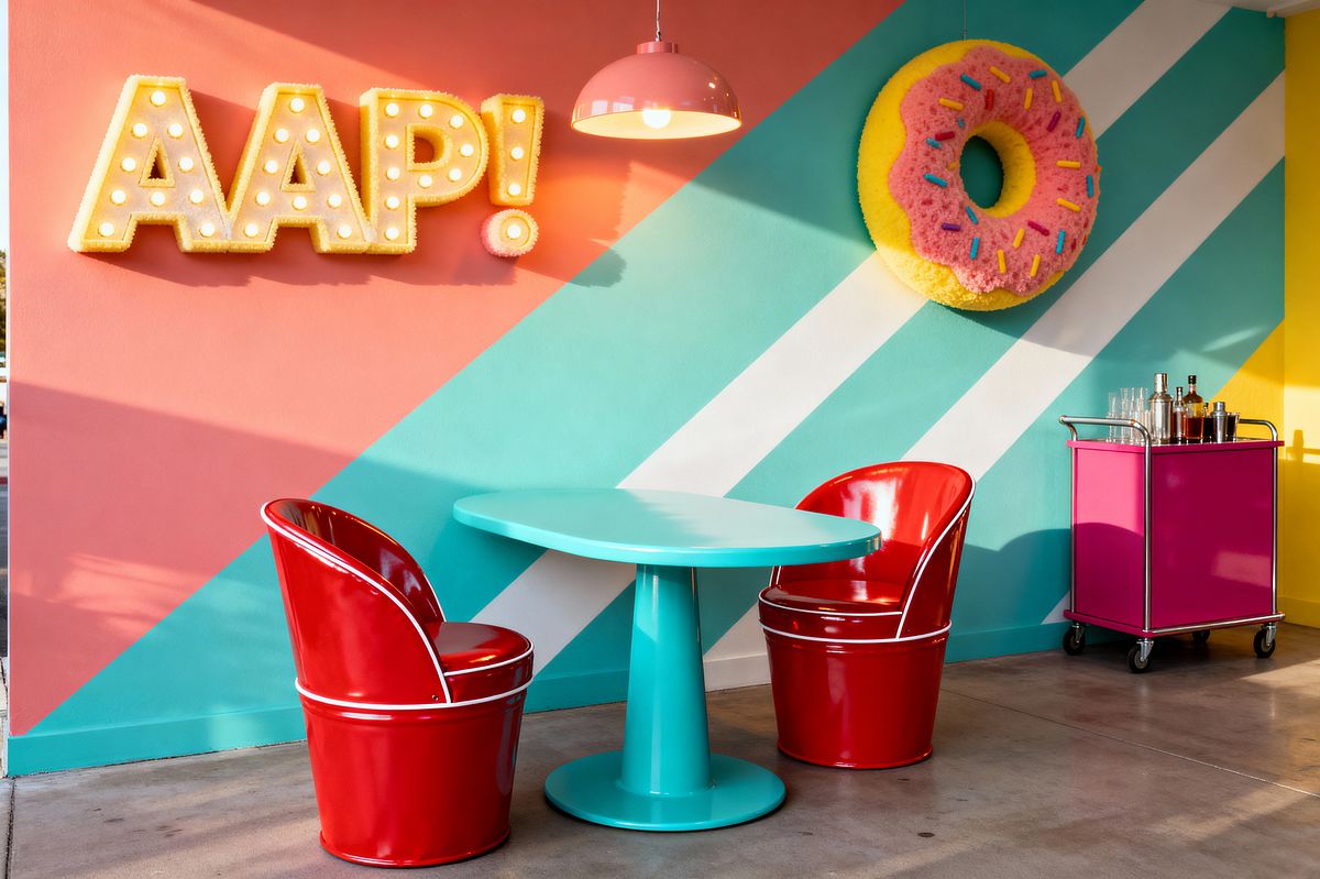 Room AI – Pop Art Dining with Donut Wall and Marquee - Interior Design