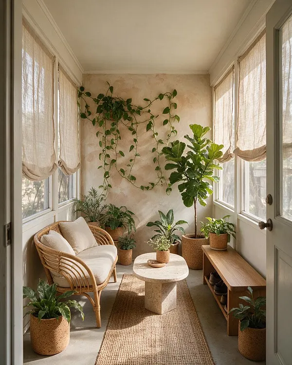 A narrow front porch filled with potted green plants, a rattan lounge chair with cream cushions, and a small round stone table. Sheer beige curtains soften the windows, while a woven rug and light wood bench add warmth to the airy, plant-rich space.