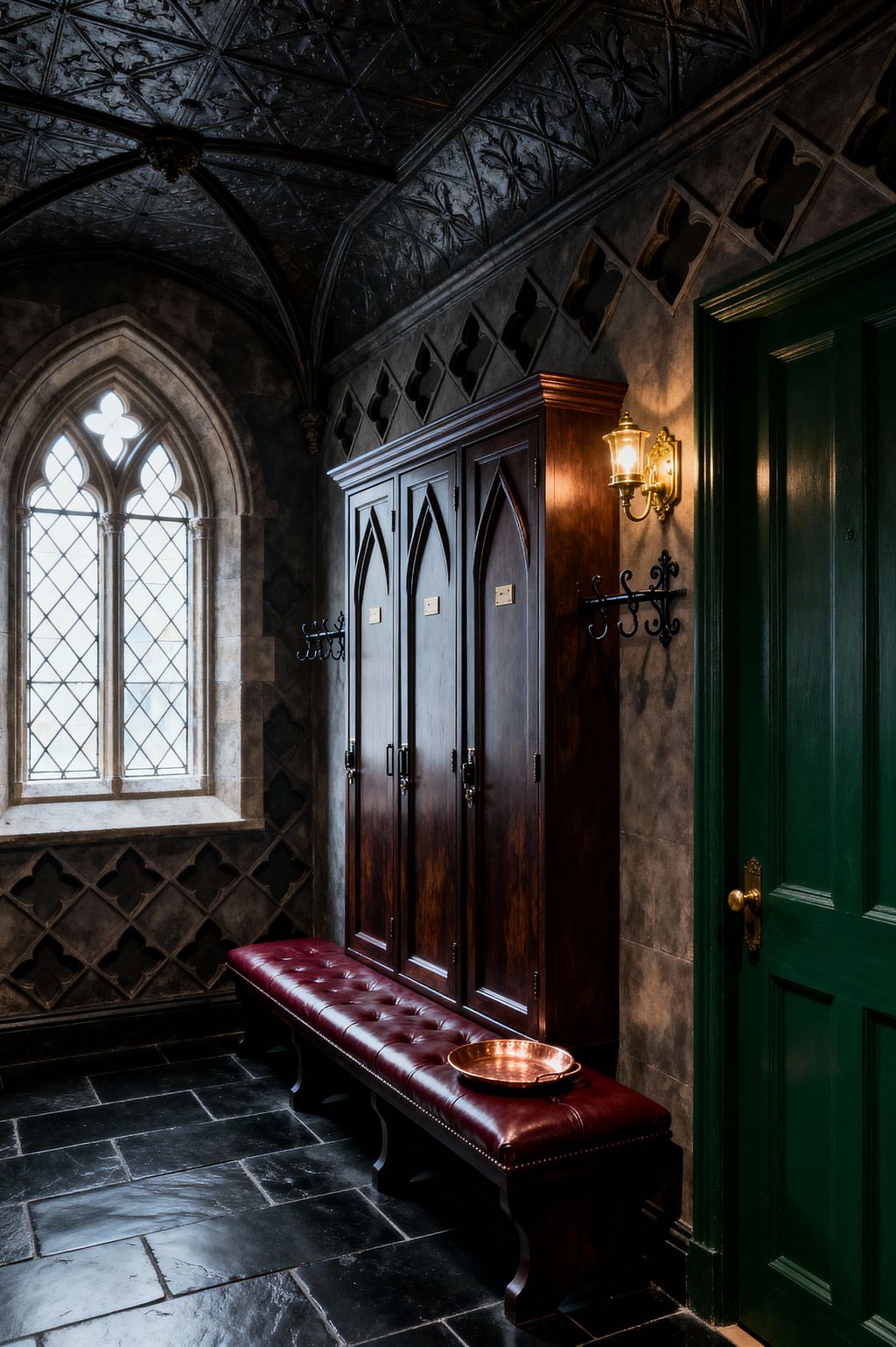 An atmospheric Gothic-style mudroom features dark wood lockers with pointed-arch panels, a long tufted bench upholstered in oxblood leather, and a brass lantern sconce. Charcoal stone-look walls with quatrefoil details and a ribbed black pressed-metal ceiling frame a leaded lancet window. Black slate floor tiles and an emerald green paneled door complete the space, with wrought-iron hooks and a copper bowl as accents.