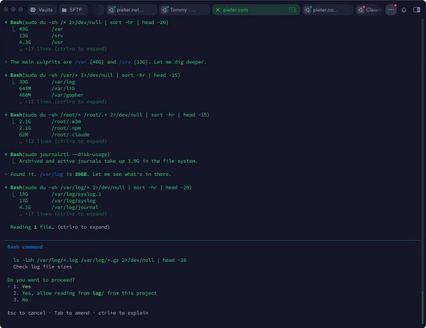 A log file viewer displays a large volume of repetitive error messages related to a PHP index.php file on pieter.com.