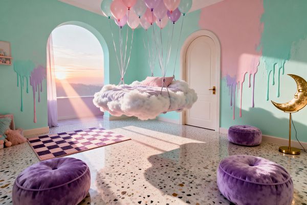 Whimsical kids’ room featuring a cloud-shaped bed suspended by pastel balloons and dressed in lavender bedding. Mint walls with blush drip-paint effects frame an arched window pouring in sunset light and a white arched door with a brass handle; terrazzo flooring supports a lilac-and-pink checkered rug, tufted purple velvet poufs, and a sculptural gold crescent-moon floor lamp, while sheer curtains soften the glow.