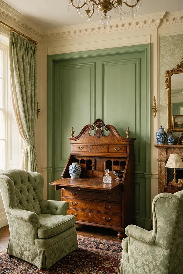 A traditional sitting room features a polished wooden writing desk with a drop-front compartment, set against sage-green paneled walls. Pale green upholstered armchairs, patterned curtains, an ornate gilded mirror, and a chandelier complete the elegant period-inspired space.