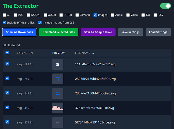 The image displays a user interface for a file extractor tool showing a list of downloadable SVG files.