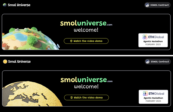 The image features two banner designs for a project called Smol Universe, showcasing a vibrant, stylized globe and a golden planet.