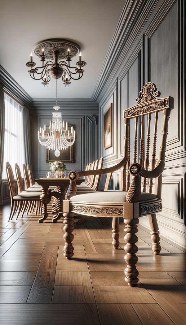 a traditional Banister-Back Chair made of wood, placed in an elegant dining room setting