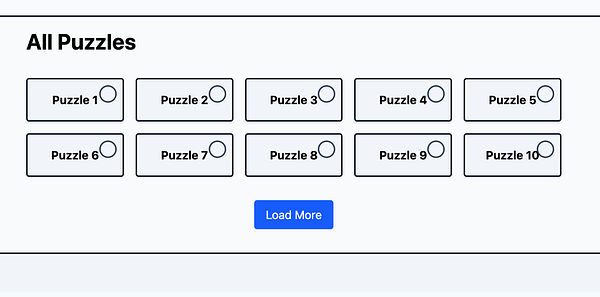 The image displays a user interface for viewing puzzles with a limit of ten visible options and a button to load more.