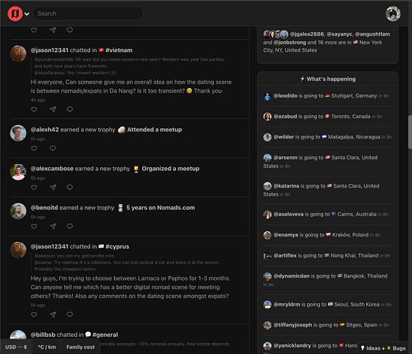A dark-themed social media interface showing user posts, notifications, and a sidebar with updates on where users are traveling, related to digital nomad community discussions.