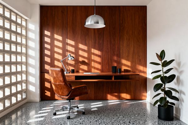 A mid-century modern home office with a wall of walnut paneling and a matching floating desk holds a cognac leather swivel chair on a chrome base, lit by a brushed metal dome pendant and a chrome task lamp. Sunlight filters through a concrete breeze-block screen, casting grid shadows across the wood, while gray terrazzo flooring, crisp white walls, a rubber plant in a black pot, and minimal black accessories complete the scene.