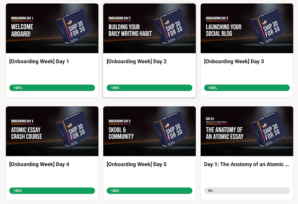 The image displays a progress overview of an onboarding week for the Ship30for30 program.