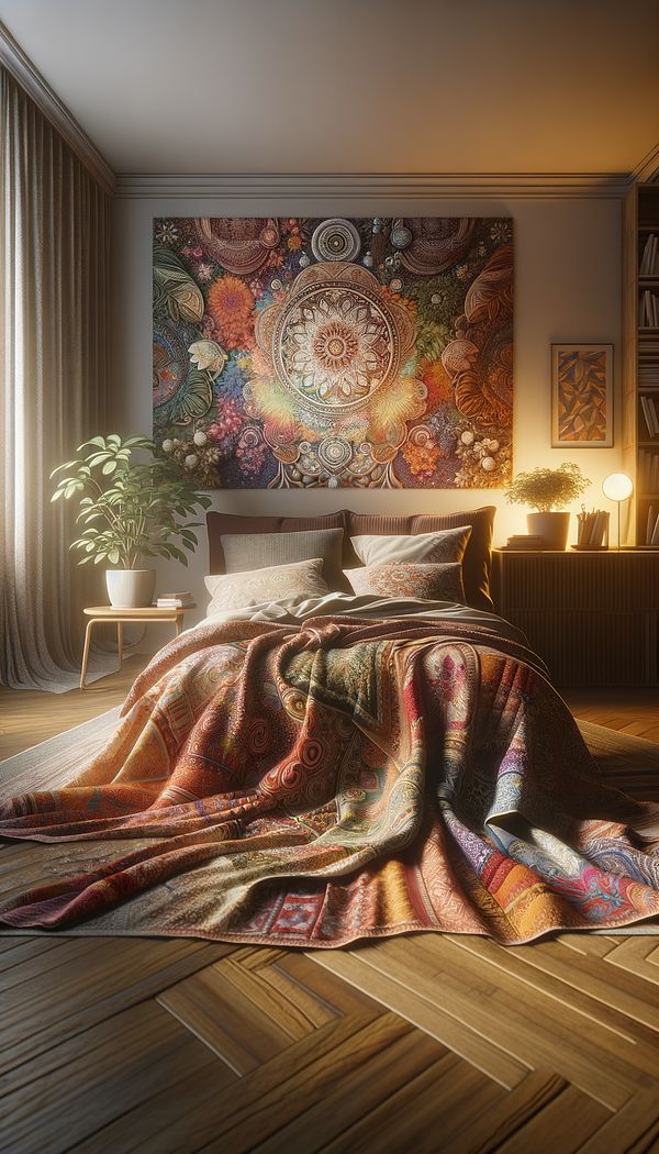 A cozy bedroom featuring a colorful quilt draped casually over the bed, showcasing intricate patterns and the added warmth and texture it brings to the room.