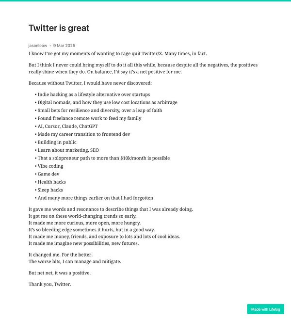 A reflective post discussing the positive impacts of Twitter on personal and professional growth.