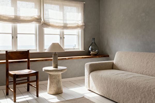 A minimalist Scandinavian living room with soft gray plaster walls and white-painted floorboards. Three windows with sheer linen Roman shades flood the space with daylight, above a slim floating wooden ledge holding a smoked-glass vase. A sand-colored bouclé sofa sits to the right, facing a sculptural stone side table topped with a small lamp, while a simple vintage-style wooden chair stands to the left. The palette is neutral and natural, with textures emphasized by the light.