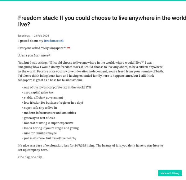 A detailed post discussing the author's thoughts on living in Singapore and the concept of a 'freedom stack.'