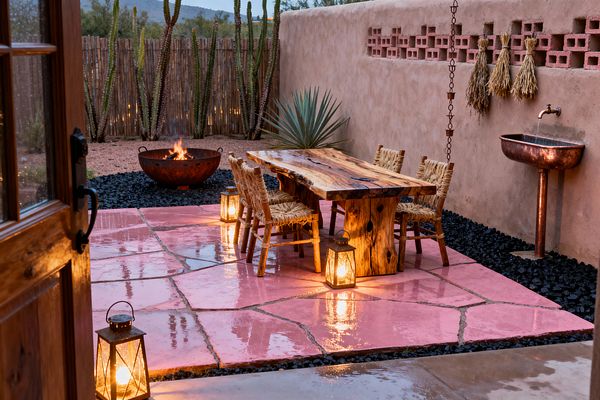 An intimate Southwestern patio features glossy pink flagstone beneath a live-edge wood dining table and woven-fiber chairs, lit by metal lanterns. A rusted steel fire bowl burns near a bamboo fence and tall cacti, while an adobe stucco wall with decorative breeze blocks holds a copper sink and rain chain; black lava rock borders the paving and an agave anchors the corner, all under warm, evening light with wet surfaces reflecting the glow.