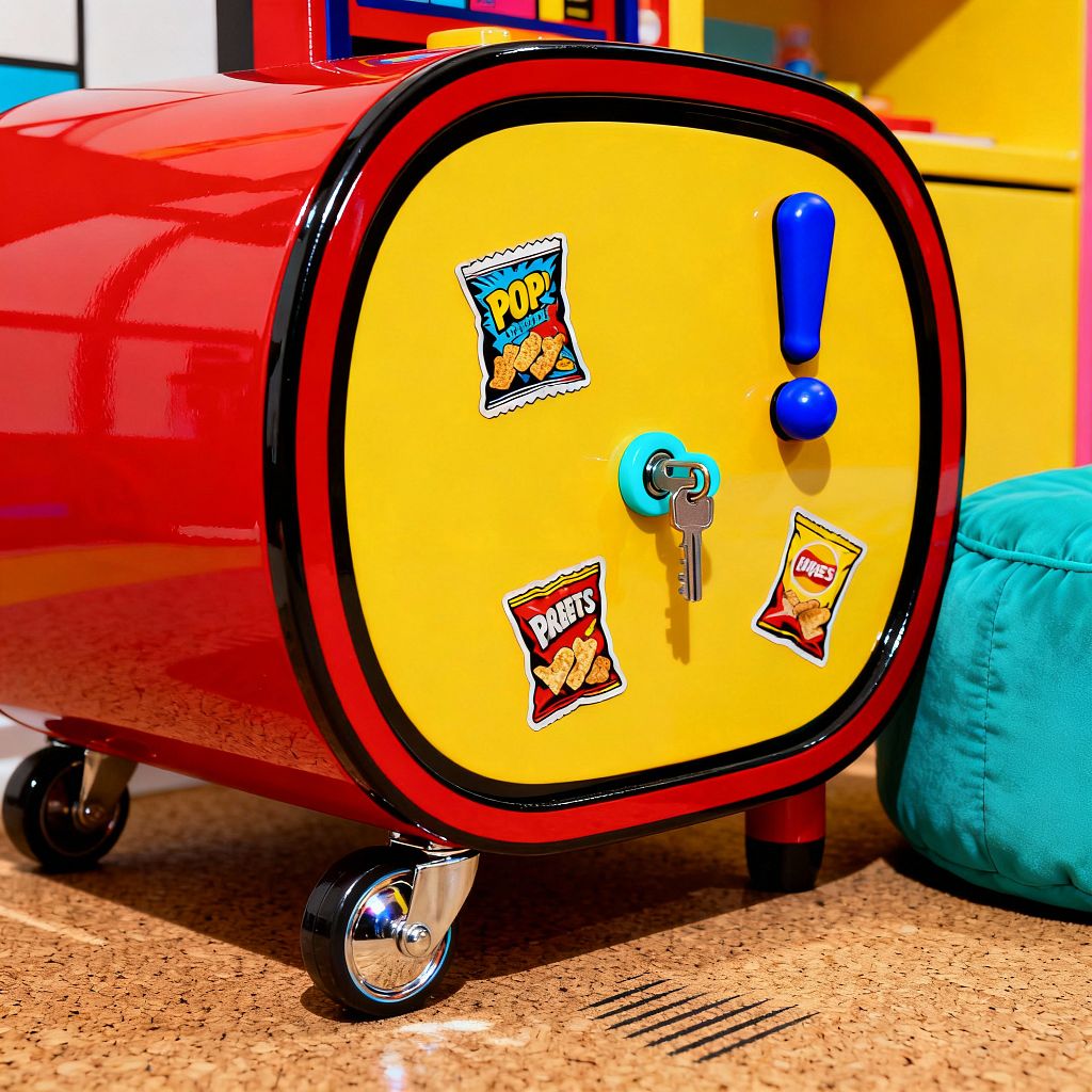 A kids’ room vignette features a glossy red rolling cabinet with a rounded bright yellow door edged in black, decorated with Pop Art snack‑pack stickers. A blue exclamation‑mark knob and turquoise key ring punctuate the door, while chrome casters sit on cork flooring beside a teal quilted pouf; behind, a yellow shelving unit and color‑block panels in vivid primaries reinforce a playful, comic‑book aesthetic with crisp lines and shiny lacquered finishes.
