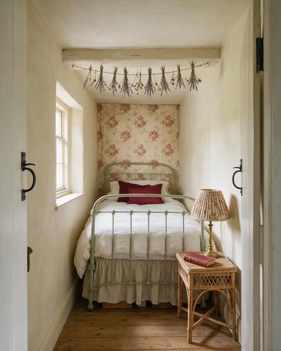 A narrow cottagecore guest bedroom with cream plaster walls, a pale green metal bed frame, floral wallpaper behind the headboard, and a white quilted bedspread. A wicker bedside table with a brass lamp and a small book sits beside the bed, while dried lavender hangs from a beam overhead.