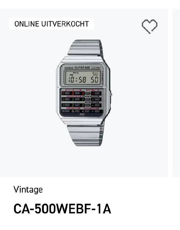 A vintage Casio watch model CA-500WEBF-1A is displayed with a sold-out notification.
