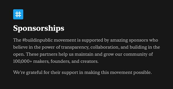 The image features a sponsorship page for the #buildinpublic movement.