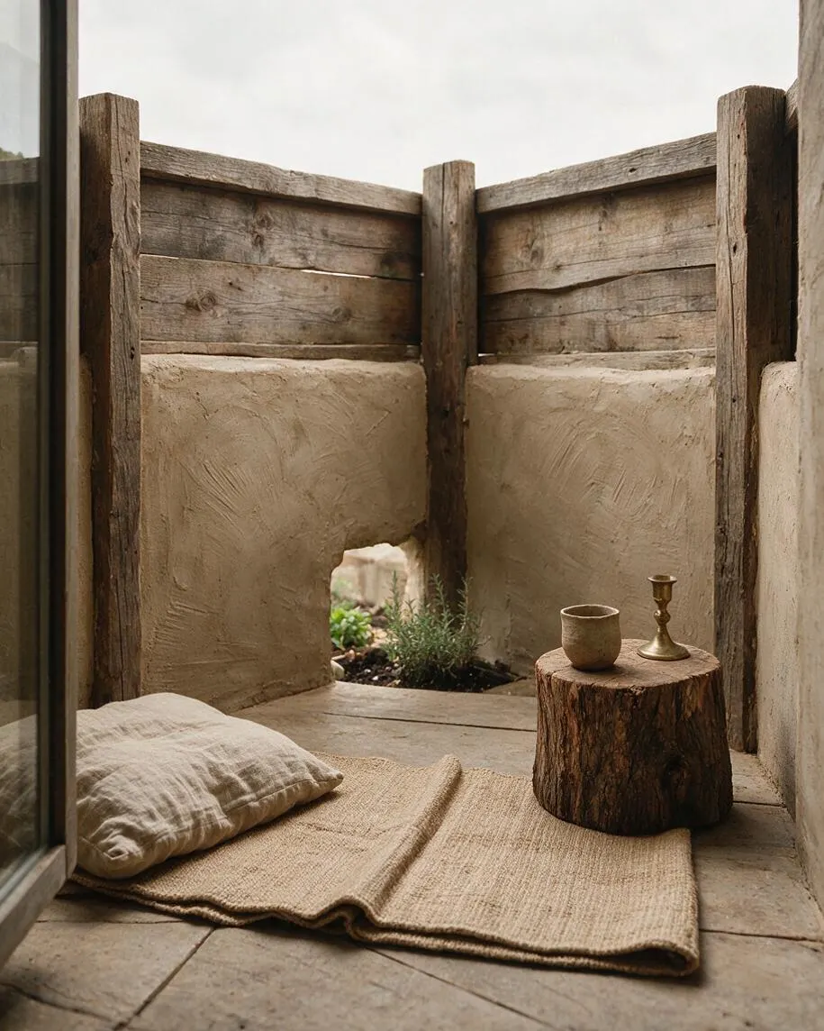 A small backyard nook with weathered wooden posts and rough plaster walls in warm beige tones, creating an enclosed, handmade feel. A woven mat and soft linen cushion sit on the stone floor beside a tree-stump table holding a simple cup and brass candleholder, with a small planting area visible through a low opening.