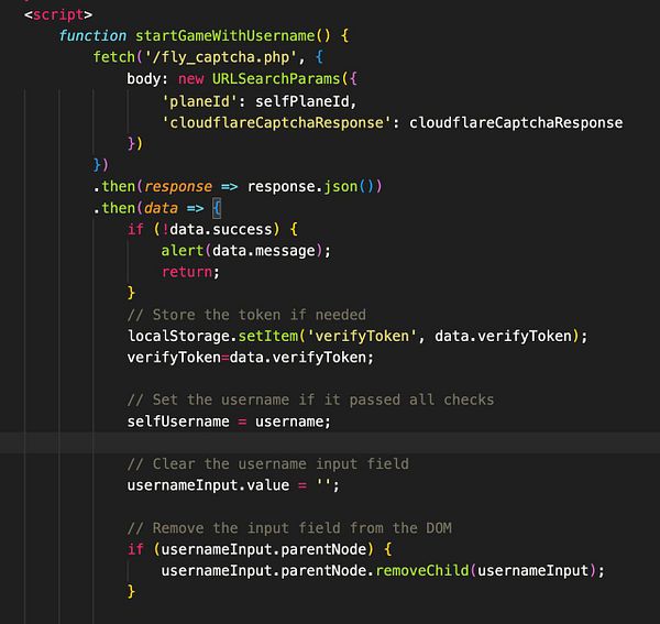 The image displays a JavaScript function for handling CAPTCHA verification and username input in a web application.