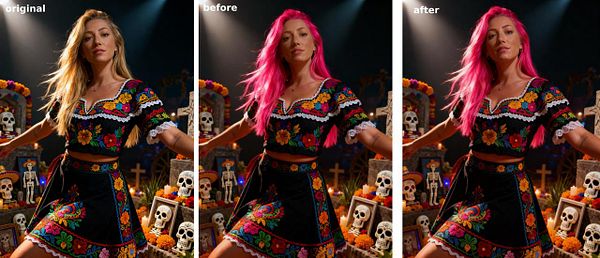 The image displays a side-by-side comparison of a photo editing enhancement featuring a woman in a colorful outfit.