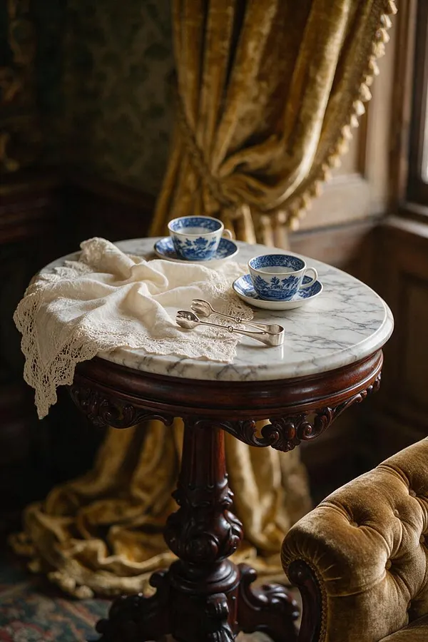 A Victorian-style vignette featuring a small round pedestal table with a white marble top and carved dark wood base. On the table are two blue-and-white porcelain teacups on saucers, a folded cream lace cloth, and silver tongs, with heavy gold drapery and a tufted velvet chair edge in the background.