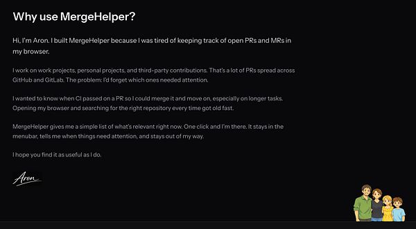 The image features a text section explaining the purpose of MergeHelper, accompanied by a signature and illustrations of four characters.