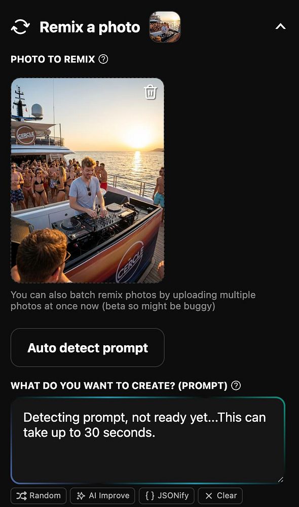 The image displays a user interface for remixing a photo featuring a DJ performing at sunset on a boat.