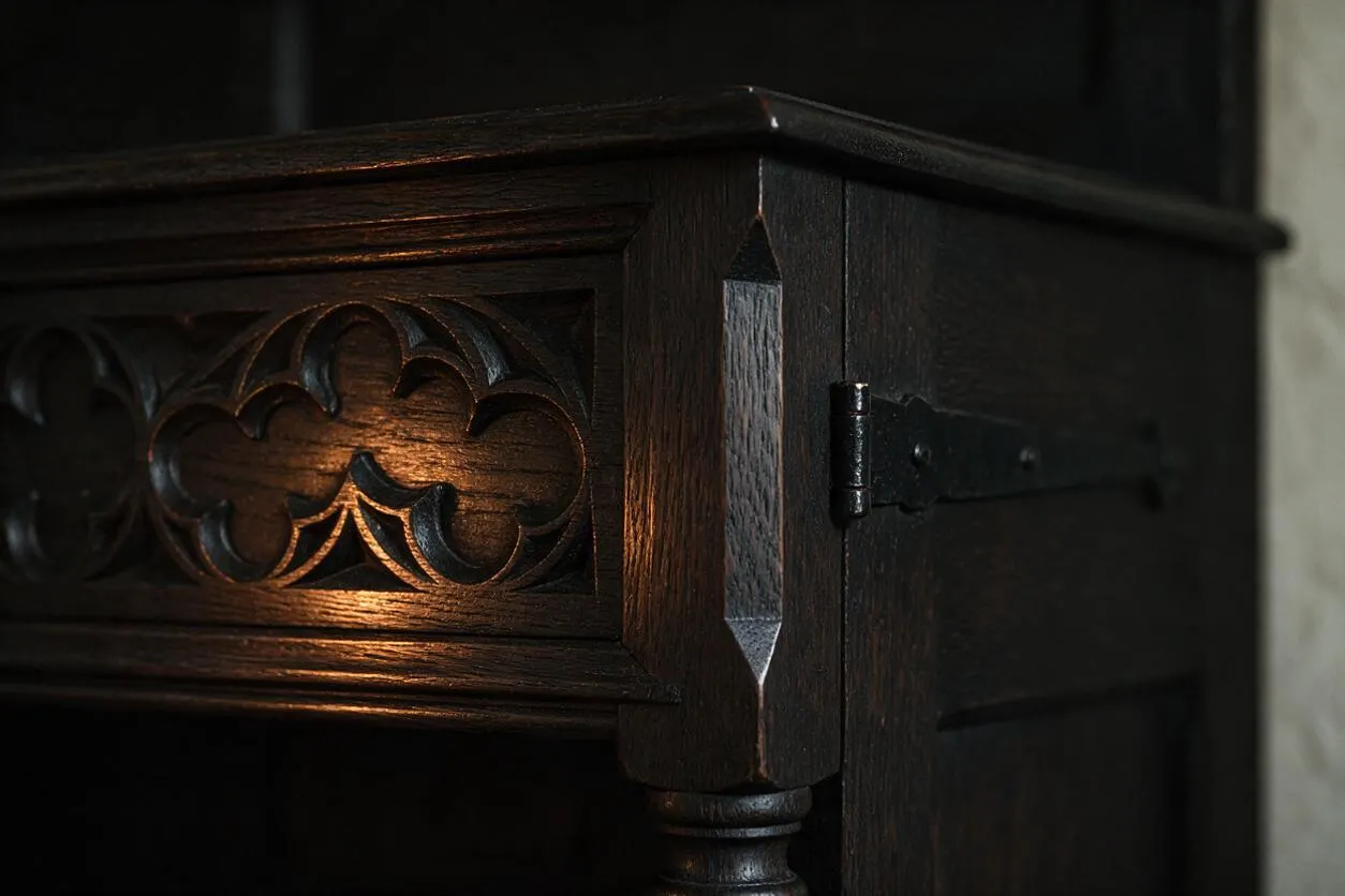 A close-up of a dark wooden Gothic-style cabinet corner with carved quatrefoil and pointed arch motifs, a faceted leg, and black metal hinge hardware. Warm light grazes the wood grain and highlights the deep brown-black finish against a dark background.