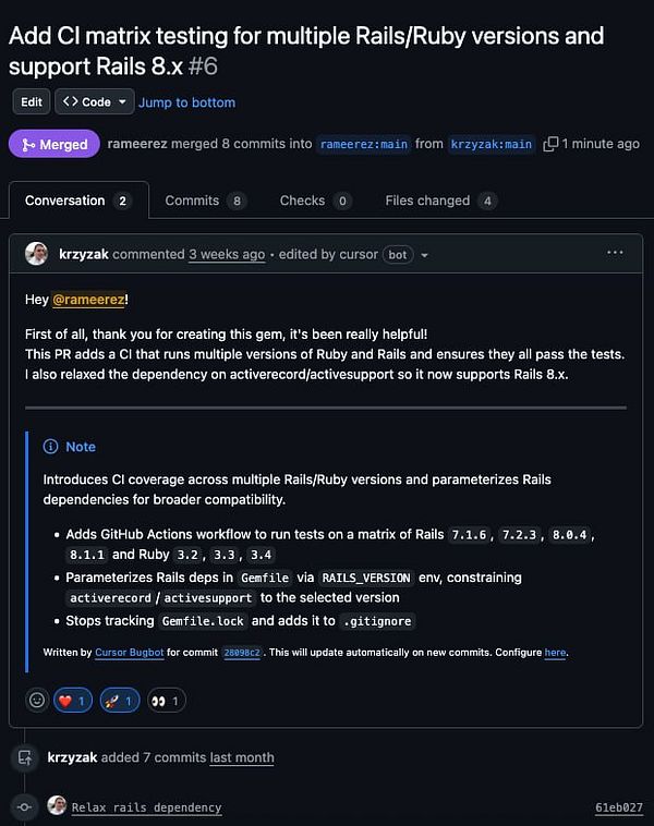 A GitHub pull request discussion regarding CI matrix testing for a Ruby gem.