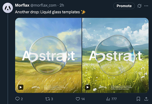 The image features two artistic templates showcasing liquid glass effects with the word 'Abstract' prominently displayed.