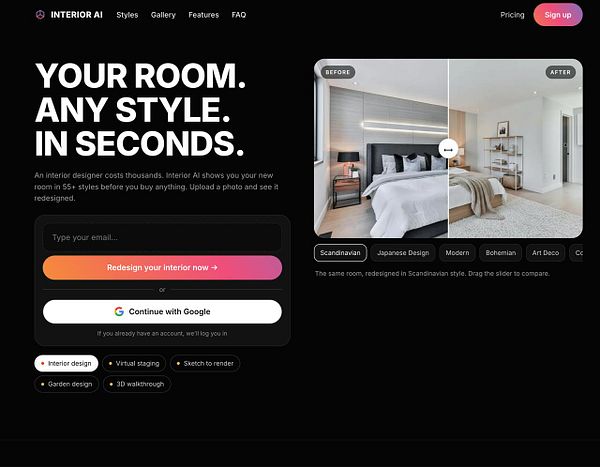 A landing page for Interior AI showcasing a tool that redesigns room styles with a before and after slider for Scandinavian style.