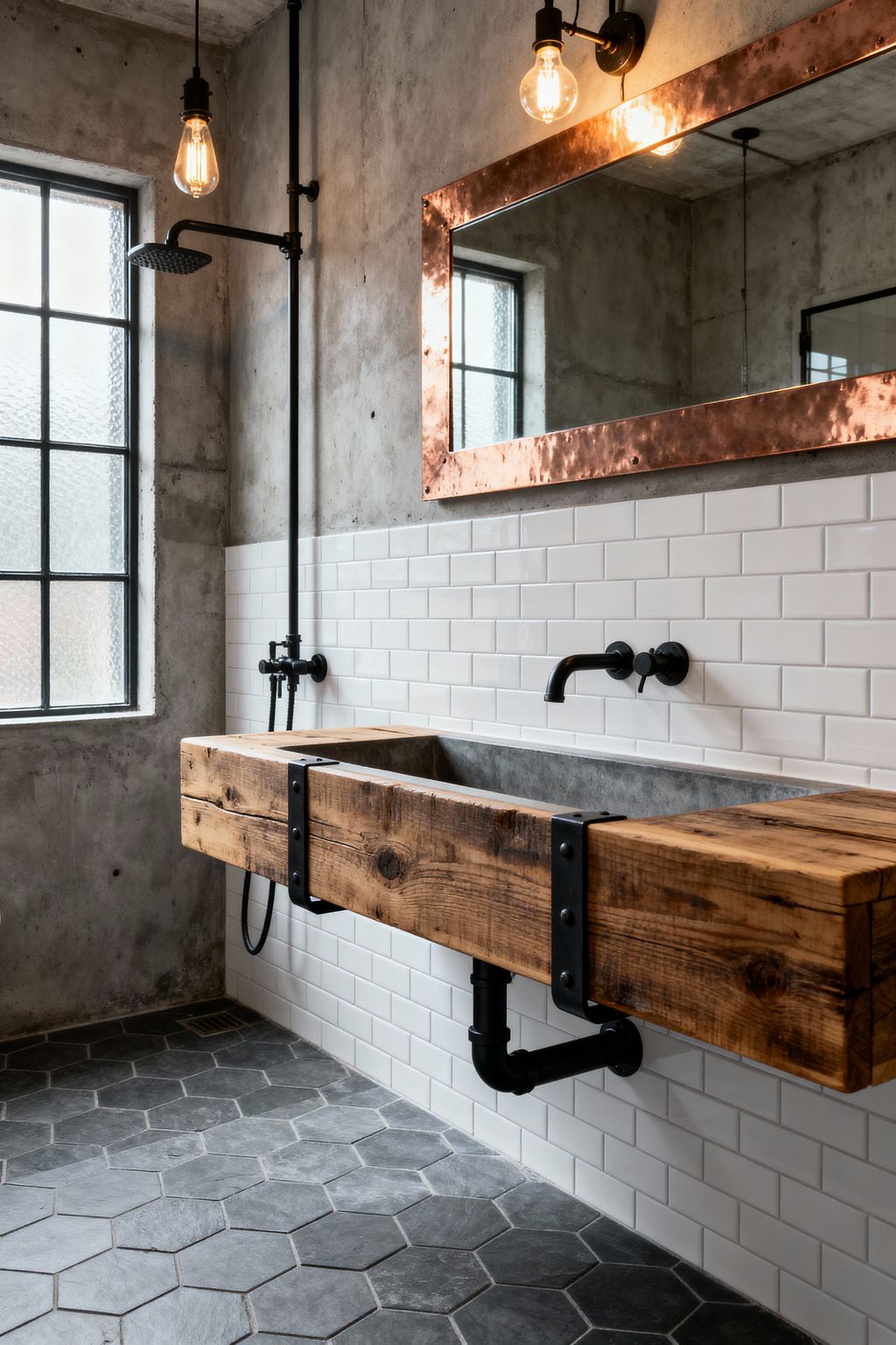 An industrial bathroom with raw concrete walls and a half-height wainscot of white subway tile, featuring a chunky reclaimed-wood trough sink strapped with black metal and a concrete basin beneath a wall-mounted matte-black faucet. A hammered copper-framed mirror and exposed Edison bulbs add warmth, while a steel-framed frosted window, exposed shower pipe with rainfall head, and dark gray slate hex floor complete the utilitarian, factory-inspired look.