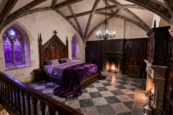 A Gothic bedroom with a ribbed vaulted stone ceiling, dark carved oak paneling, and a lit fireplace. A high, cathedral-style headboard anchors a bed dressed in lilac bedding with a deep purple velvet throw. Pointed stained-glass windows cast violet light across a checkerboard stone floor. A wrought-iron chandelier hangs overhead, and a wooden balustrade frames the foreground, creating a dramatic, warm atmosphere illuminated by firelight and colored glass.