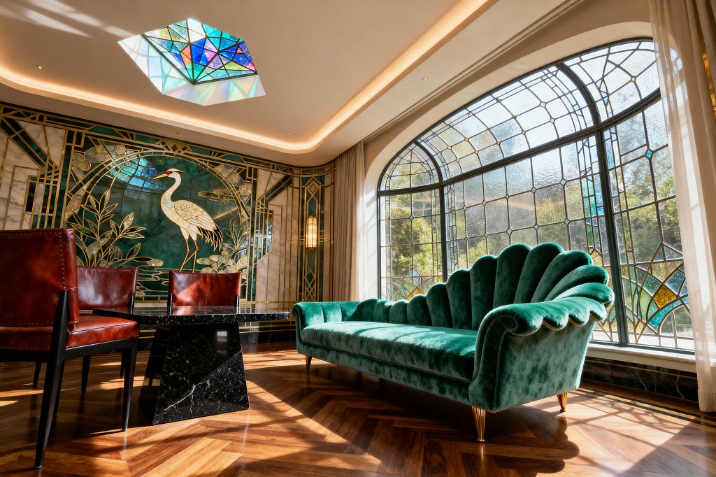 An Art Deco living room features a scalloped emerald velvet sofa with brass legs facing a black marble pedestal table and oxblood leather chairs on a walnut herringbone floor. A sweeping arched window and a ceiling skylight in stained glass cast jewel-toned light across a mural of a white crane set in teal panels, marble, and brass trim, with soft cove lighting completing the glamorous, geometric space.