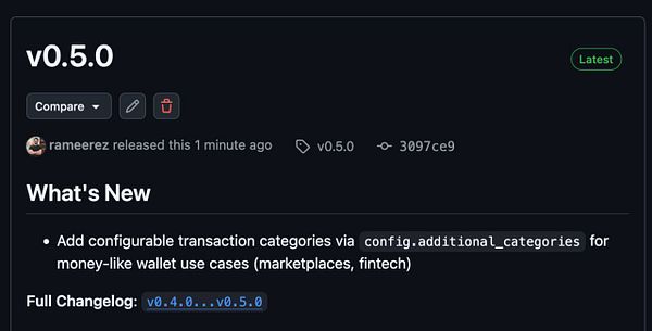 Screenshot of the usage_credits code repository on GitHub showing the latest commits, branch details, and file list related to version v0.5.0 release.