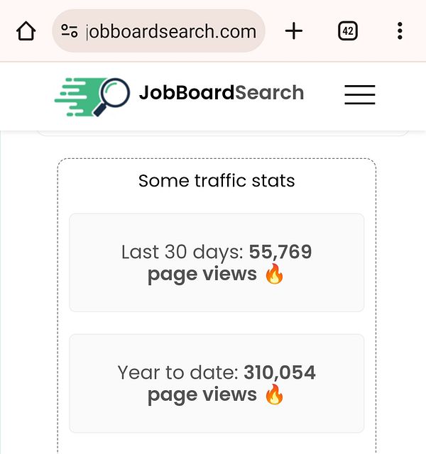 The image displays traffic statistics from the JobBoardSearch website.