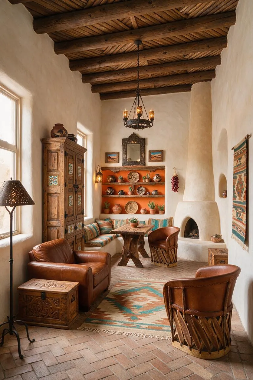 A warm Southwestern-style sunroom with white adobe walls, a rustic wood beam ceiling, terracotta brick flooring, and leather seating. The room includes carved wood furniture, woven textiles, open shelving with pottery, and a curved plaster fireplace.