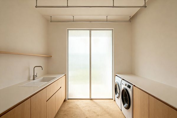 A minimalist laundry room with warm white walls and a central sliding door of reeded frosted glass, flooding the space with diffused daylight. Light oak, handleless base cabinets line both sides beneath matte white solid-surface countertops; the left counter integrates a sink with a stainless gooseneck faucet and floating shelf above, while a front-loading washer and dryer sit under the right counter, with ceiling-mounted stainless drying rails above a sandy beige floor.