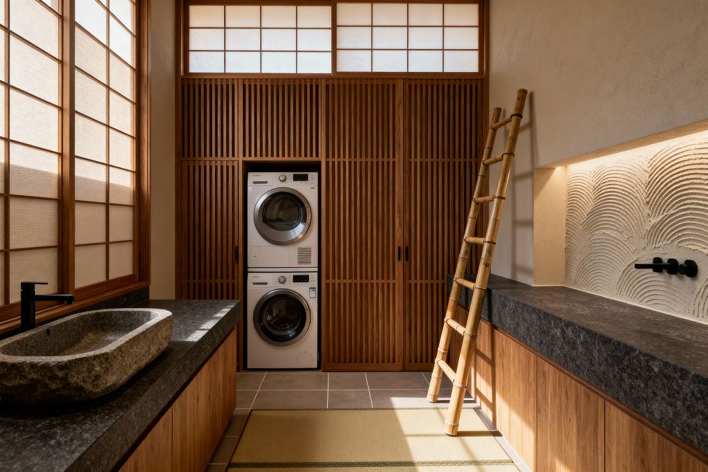 A serene Japanese-style laundry room with stacked white washer and dryer set within full-height slatted wood cabinets. Shoji screens diffuse warm daylight across charcoal stone countertops and a carved stone trough sink with a matte black faucet. A raked plaster niche with concealed LED lighting adds texture, while a bamboo ladder, neutral tile floor, and a central tatami runner create a calm, minimal atmosphere.
