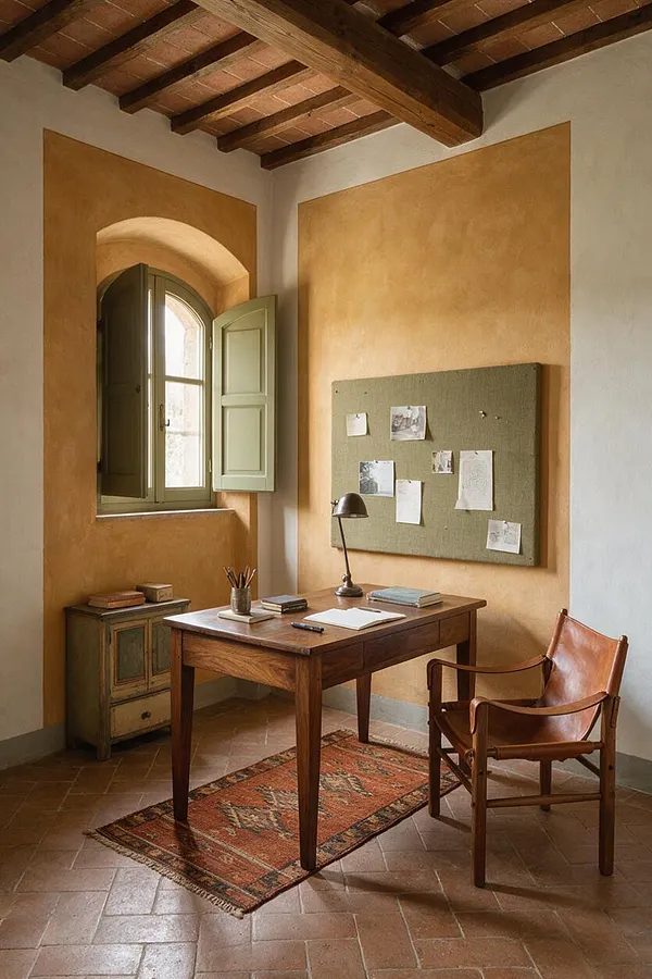A Mediterranean-style home office with terracotta tile floors, exposed wood ceiling beams, and warm ochre plaster walls. The room includes an arched window with pale green shutters, a simple wooden desk, a leather sling chair, a vintage cabinet, and a bulletin board with pinned notes.