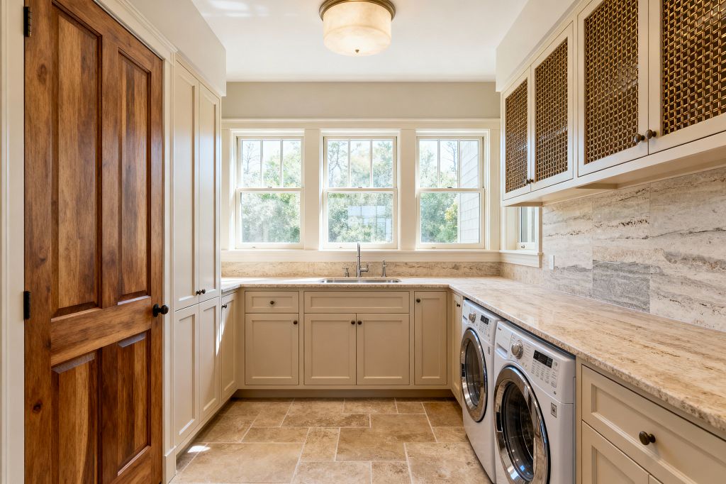 A bright transitional laundry room with U-shaped cream Shaker cabinetry and a beige granite countertop. Three double-hung windows center a stainless sink, while a stainless front-load washer and dryer sit beneath the right counter; upper cabinets have perforated brass mesh doors over a vein-cut travertine backsplash, the floor is travertine tile, and a warm wood door and round flush-mount ceiling light complete the neutral space.