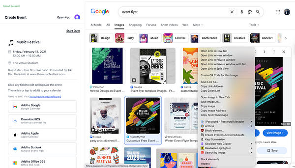 The image displays a Google search interface for event flyers alongside a calendar event creation panel.