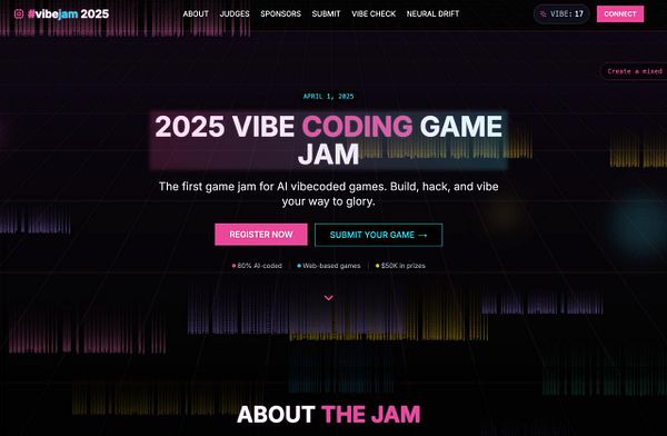 The image displays a promotional webpage for the 2025 Vibe Coding Game Jam.