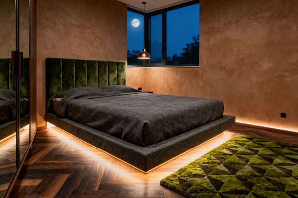 A modern bedroom with a low, upholstered platform bed in dark gray fabric appears to float on warm LED strip lighting. A vertical channel-tufted velvet headboard in deep green fronts textured terracotta plaster walls, while a herringbone walnut floor and a moss-green geometric rug add warmth. A copper dome pendant hangs by a corner window with black frames, and mirrored wardrobe doors reflect the cozy scene at night.