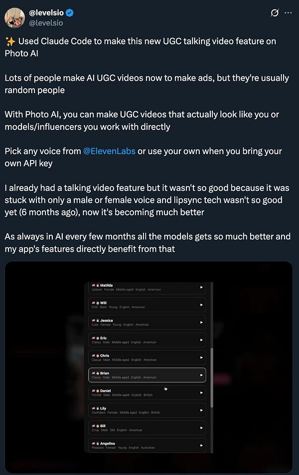 The image displays a user interface for a new talking video feature on Photo AI, showcasing various voice options.