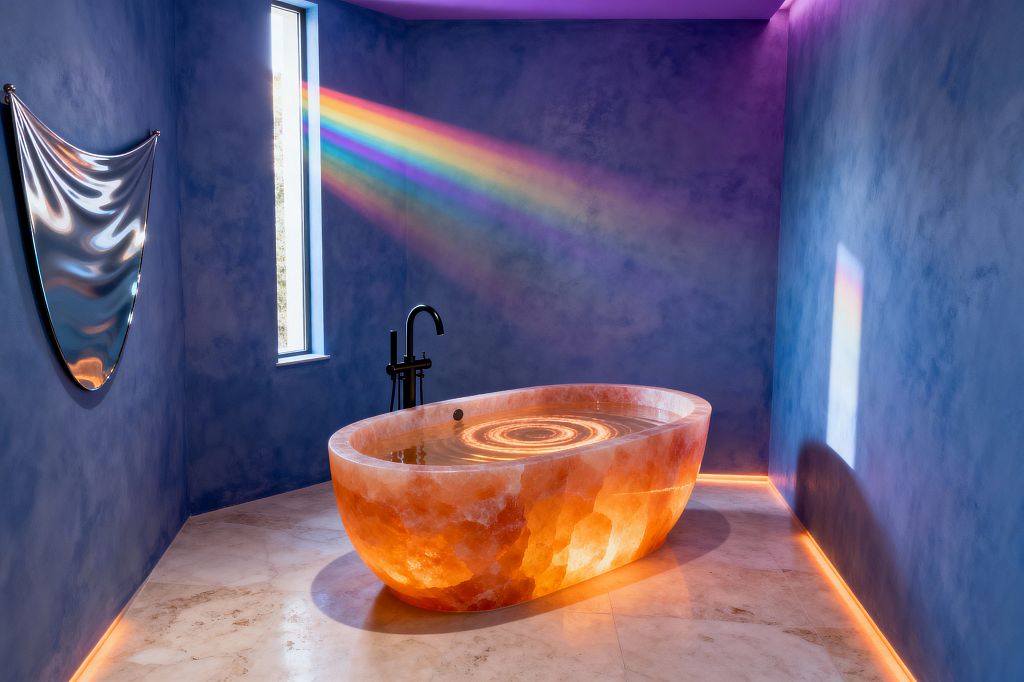 Bathroom with blue plaster walls and a narrow vertical window casting a vivid rainbow beam across the room. At center sits an oval soaking tub carved from translucent pink onyx, illuminated from within so it glows; LED rings ripple on the water’s surface. A matte black freestanding faucet stands beside the tub. A draped, reflective chrome wall sculpture hangs on the left wall. Perimeter floor lighting warms the pale marble floor, creating a dreamlike atmosphere.