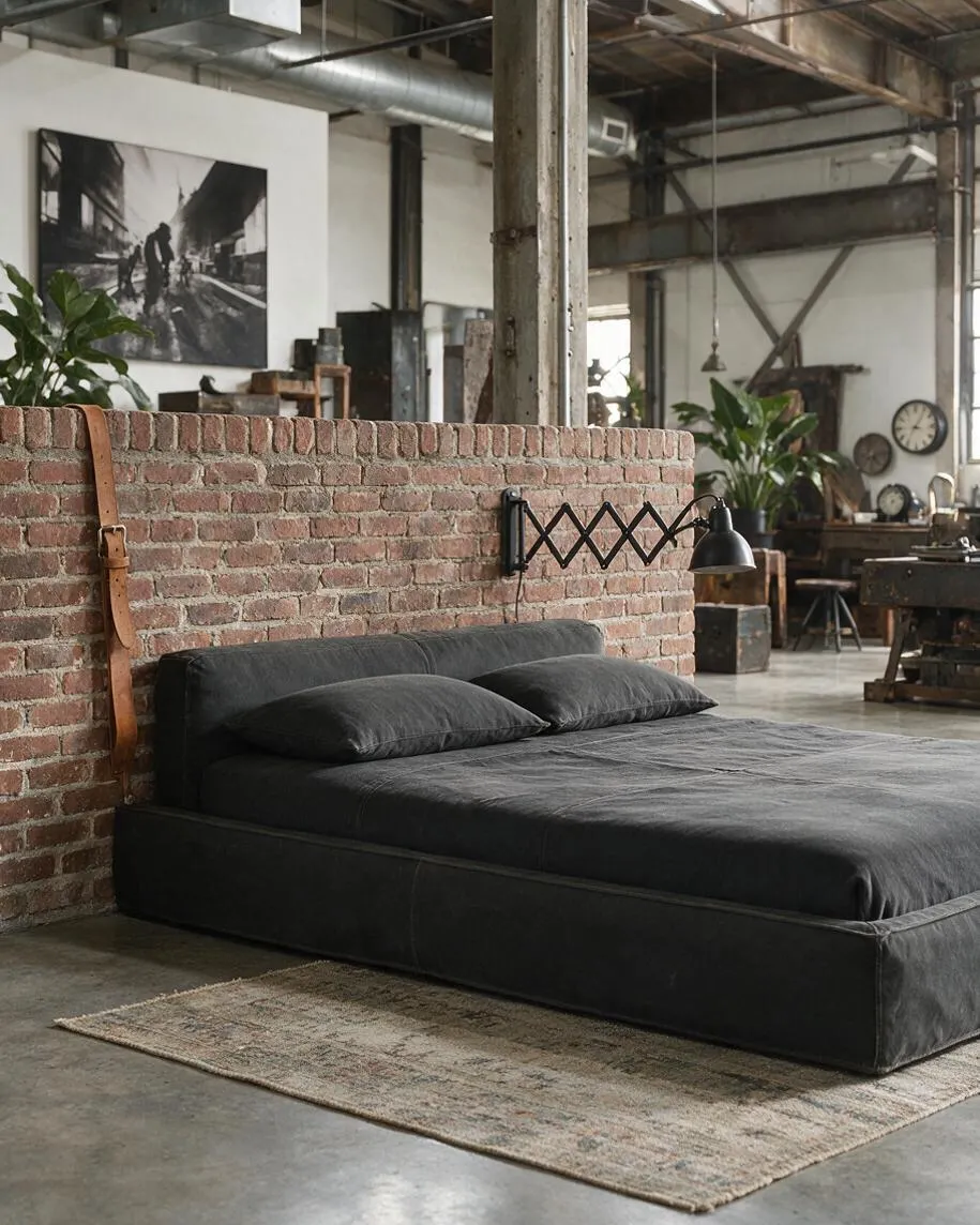 A moody industrial bedroom features a low black platform bed against a short exposed brick wall, with two dark pillows and a minimalist black wall lamp. The space includes concrete flooring, a muted woven rug, metal columns, exposed ductwork, and vintage-style furnishings in the background.